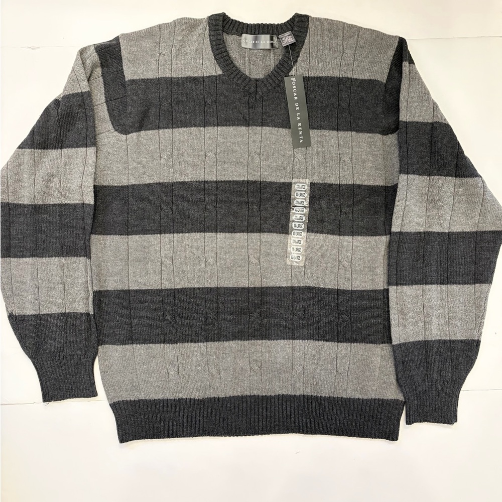 Men’s Oscar de la Renta Sweater Gray Grey Stripes Cotton Blend V-Neck 2XL XXL